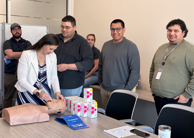 person simulating naloxone delivery into nose of manikin