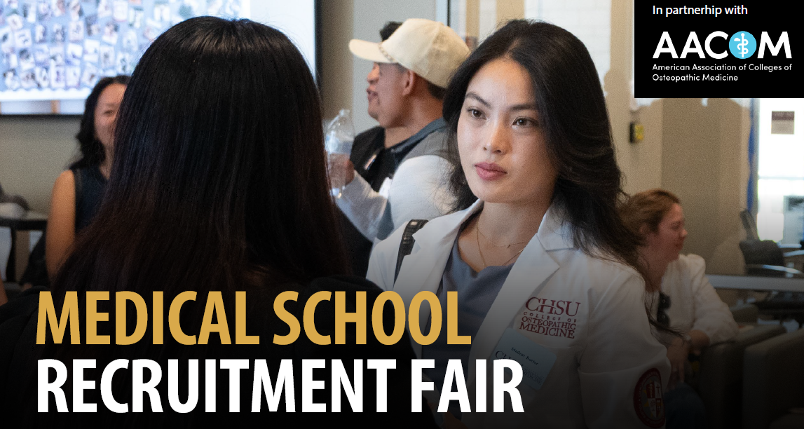 CHSU Medical student wearing a white coat talking with someone
