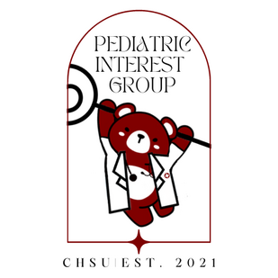 Pediatric Interest Group club logo with bear wearing white coat hanging on lollipop stick